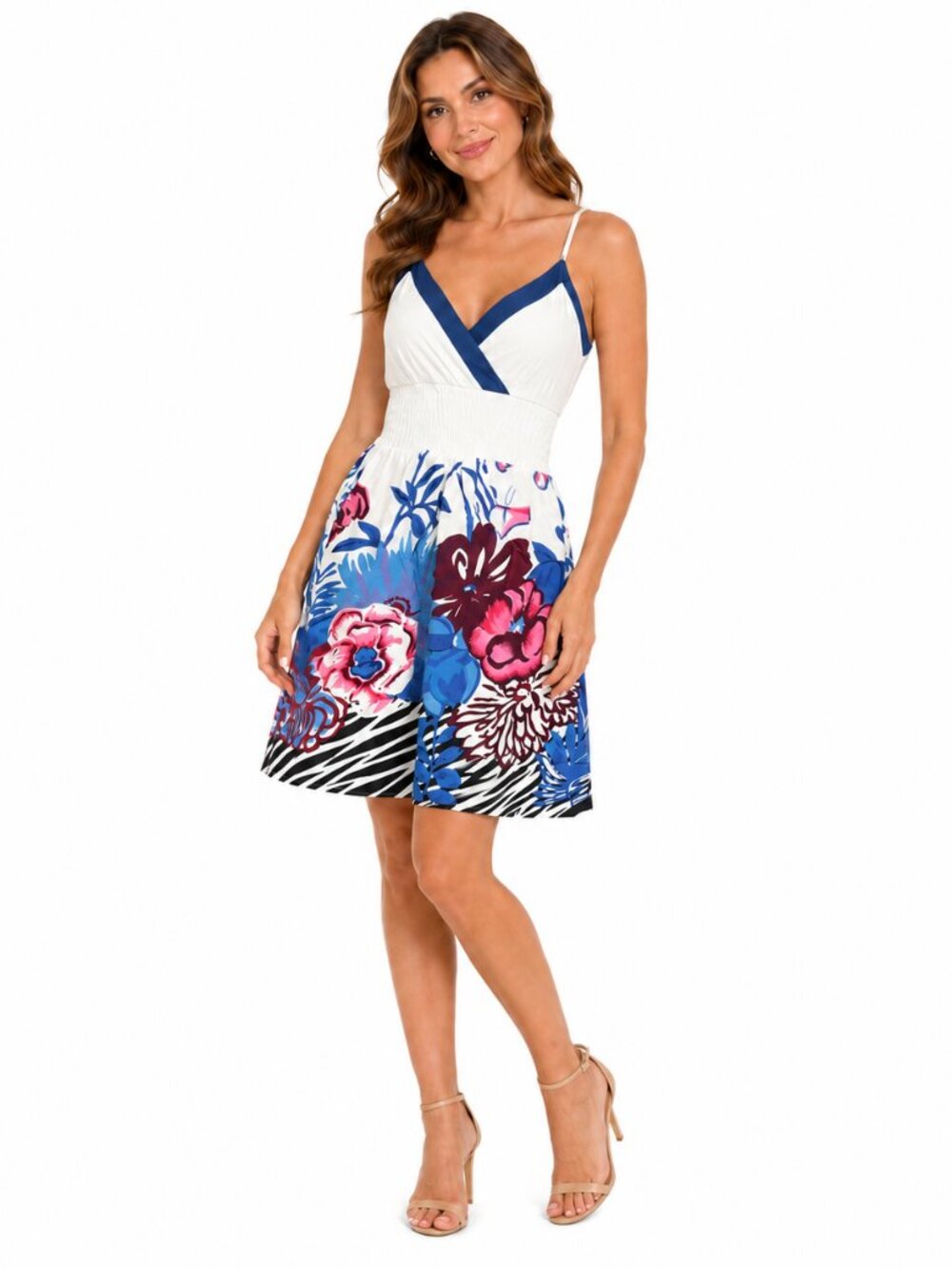Women’s Blue Floral Print Cotton Sundress Smocked Waist Spaghetti Strap Dress